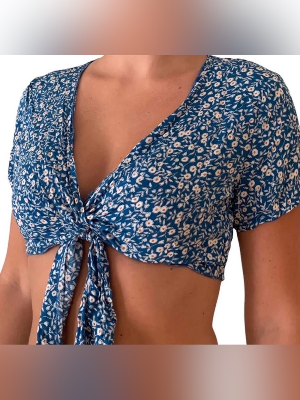 Blue Floral Tie-Front Crop Top